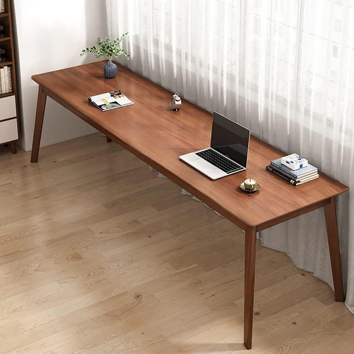 SUZEPER Mid-century Wood Long Desk Table,extra Large Two Person Office Desk,home Office Computer Desk,solid Wood Writing Desk Study Table,double Workstation Desk(140x50x75cm(55x20x30inch), Walnut) SUZEPER
