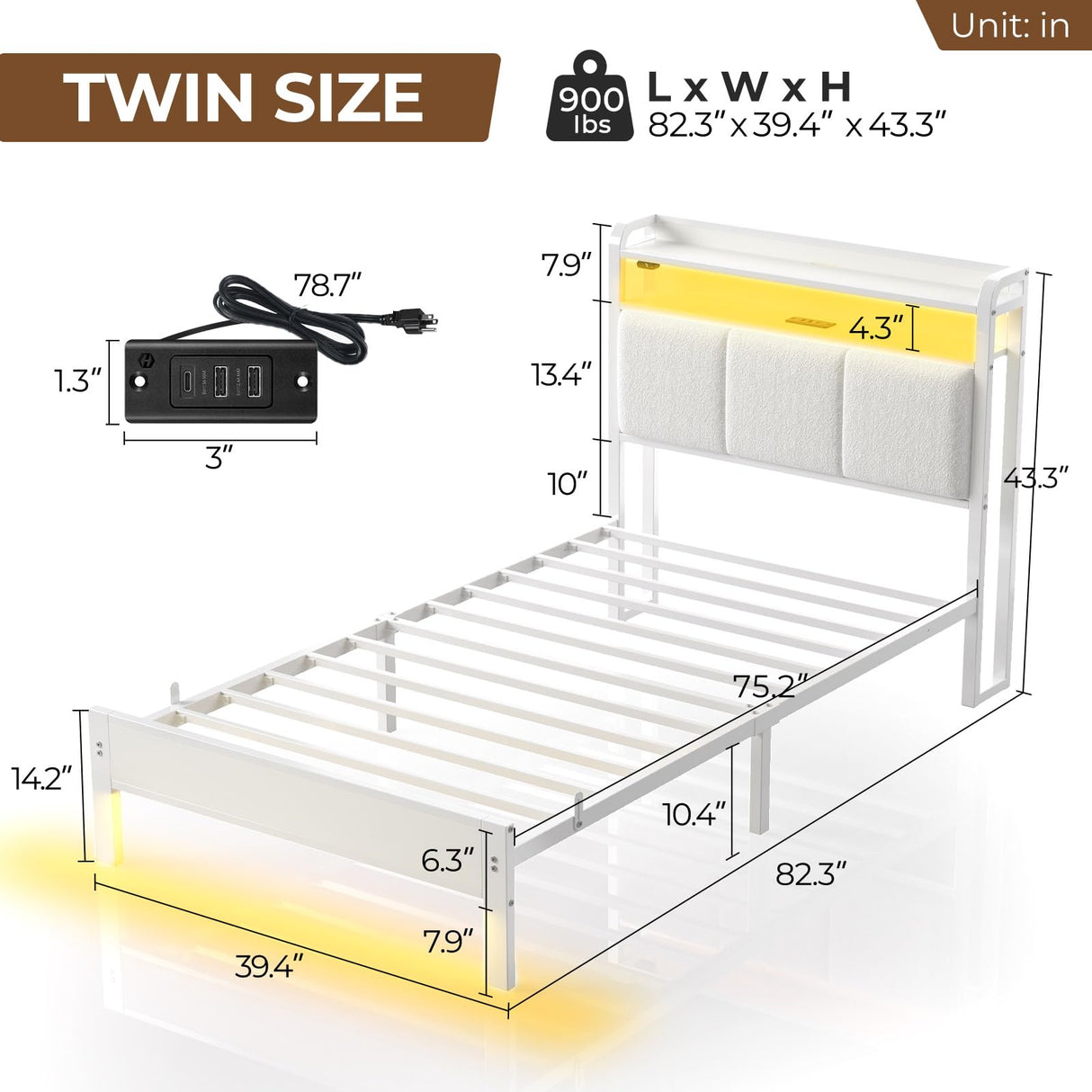 Rolanstar Bed Frame Twin Size with Charging Station and LED Lights, Upholstered Headboard with Storage Shelves, Heavy Duty Metal Slats, No Box Spring Need, Noise Free, Easy Assembly, White Rolanstar