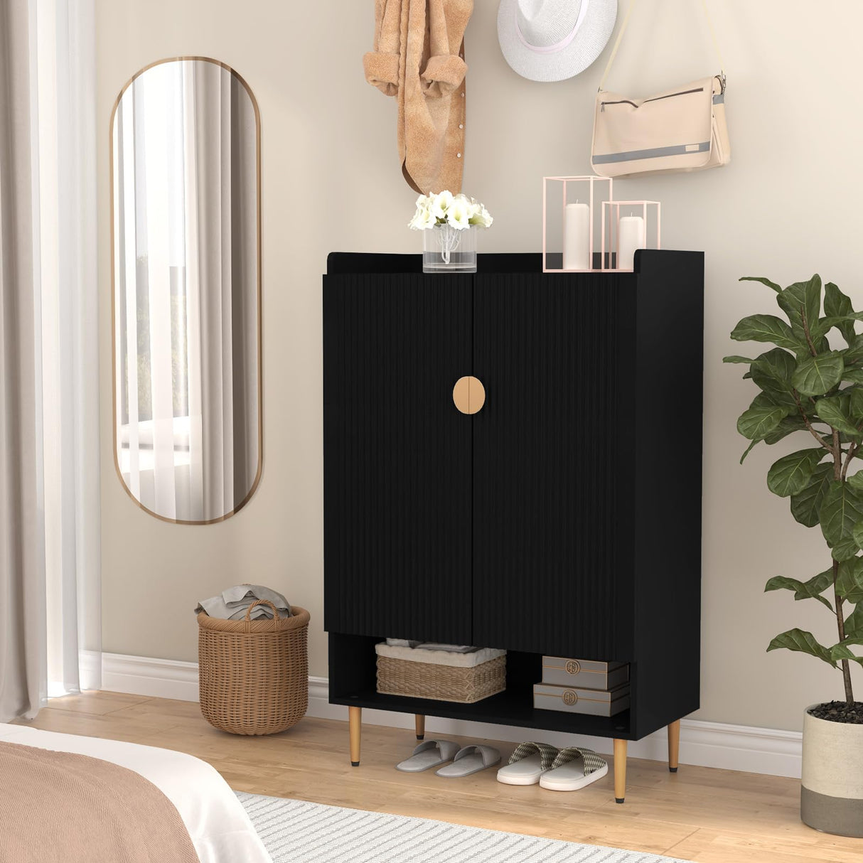 HLR Modern Shoe Cabinet Storage for Entryway, 6-Tiers Shoes Cabinet with Fluted Doors, Wood Shoes Rack with Adjustable Shelves, Black Shoe Organizer for Front Door Entrance, Closet, Living Room HLR