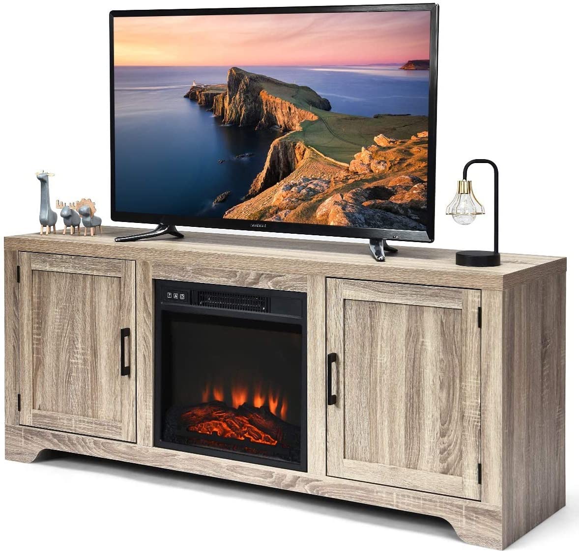 LUARANE Modern Farmhouse TV Stand, Wooden TV Cabinet for TVs up to 65", Television Console with Double Barn Doors Adjustable Shelves, Suitable for 18" x 17" Fireplace LDAILY