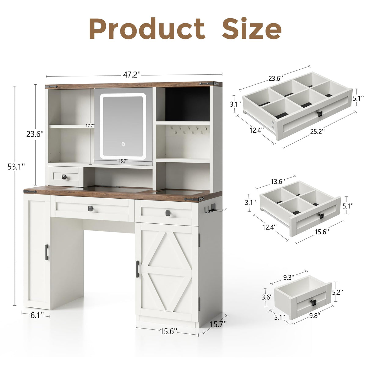 Farmhouse Makeup Vanity Desk with Sliding Mirror and Lights, Glass Desktop Makeup Vanity Desk with Charging Station, 3-Tier Hidden Slide-Out Vanity Shelves, Jewelry Storage Cabinet, 2 Drawers-White Jocoevol