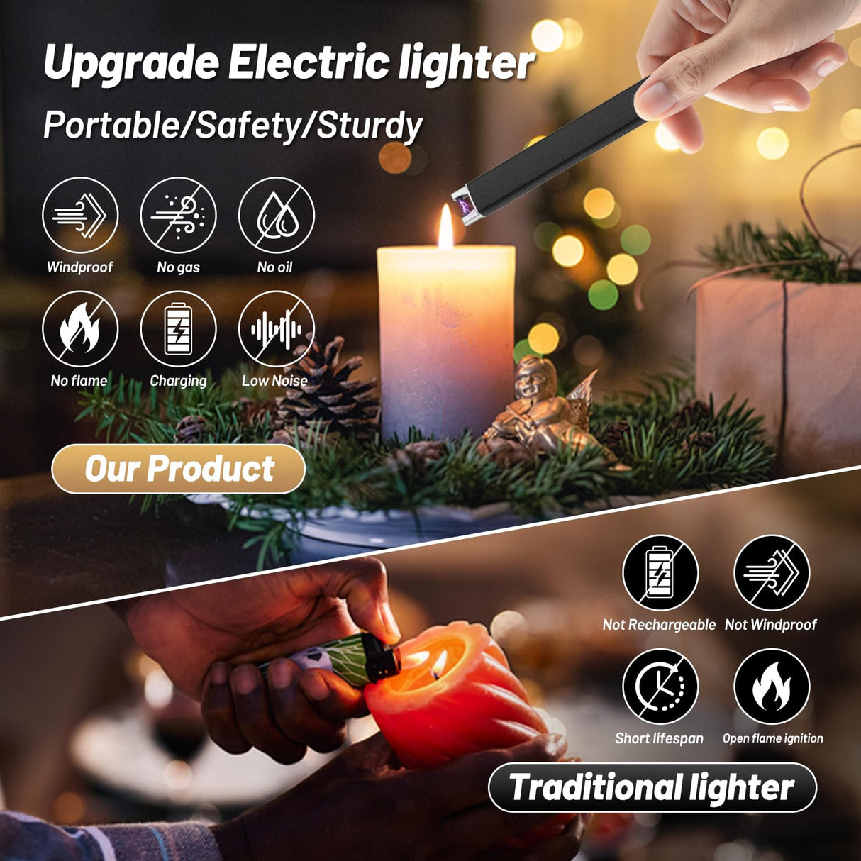 VEHHE Candle Lighter, Windproof Pulse Electric Lighter with Anti-False-Touch Lock, USB Type-C Extended Rechargeable Lighter with Led Display, lighters for Candle BBQ Camping Festivals-Black VEHHE