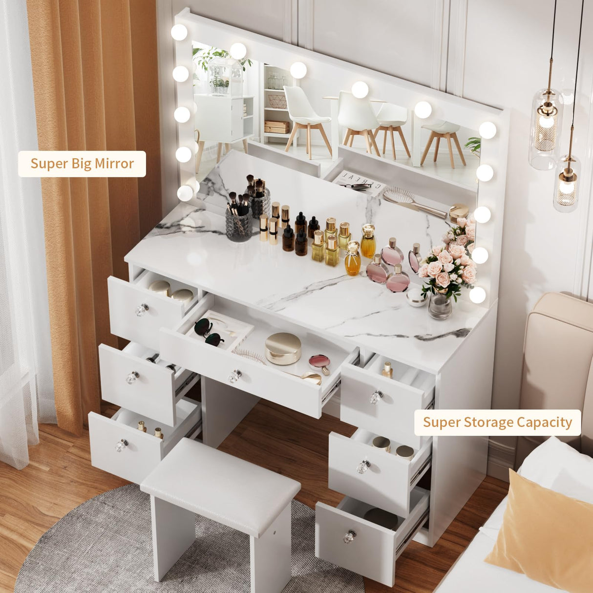 VOWNER Vanity with Lighted Mirror - Makeup Vanity Desk with Power Outlet and 7 Drawers, 3 Color Lighting Modes Adjustable Brightness, 44" Vanity Table with Soft Cushioned Stool for Women Girls, Marble VOWNER