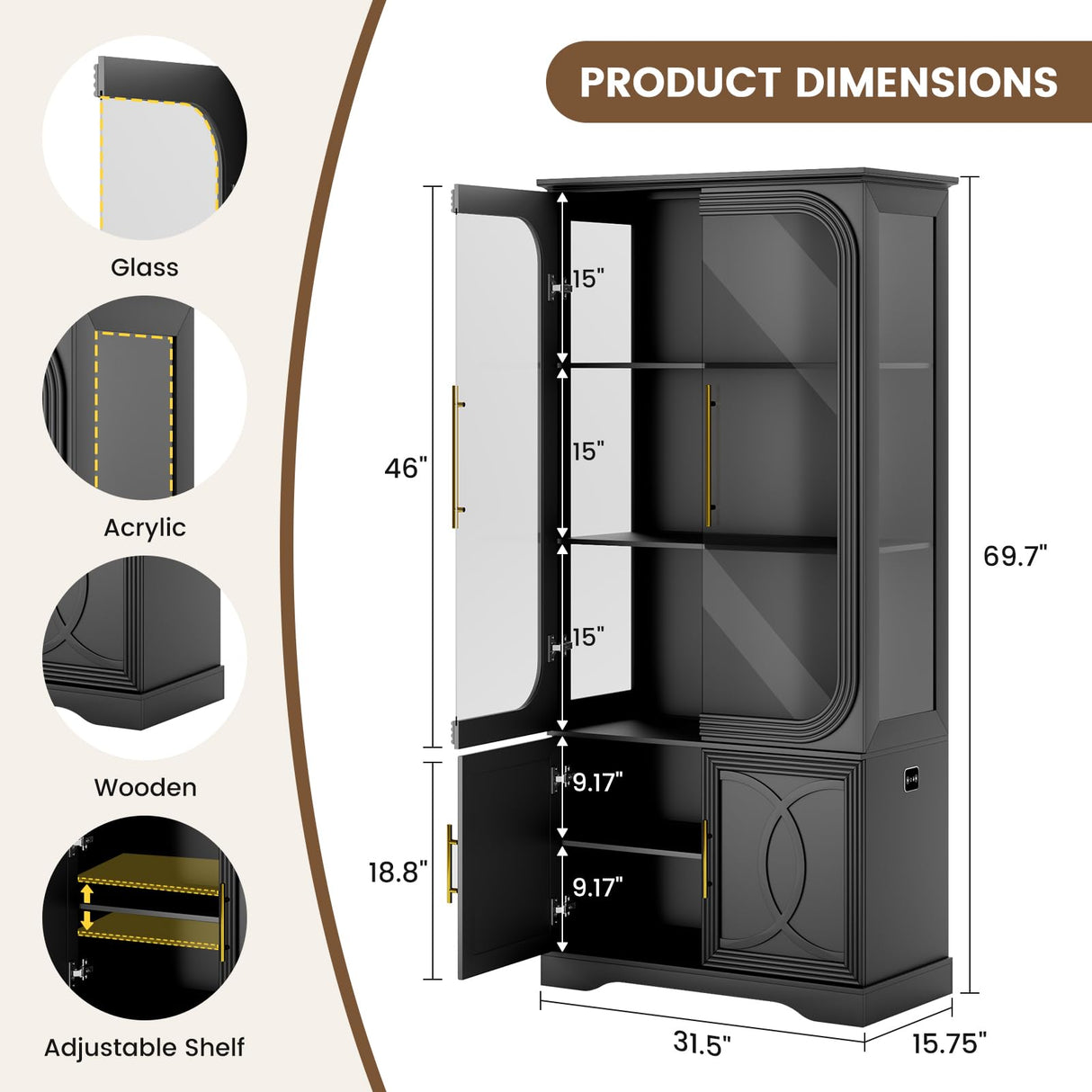 Lareth Display Cabinet with Glass Doors, 69 in Tall Bookcase with LED Lights, Curio Storage Cabinet|Kitchen Pantry Cabinet, 5 Tier Glass Display Case for Living Room, Home Office, Black Lareth