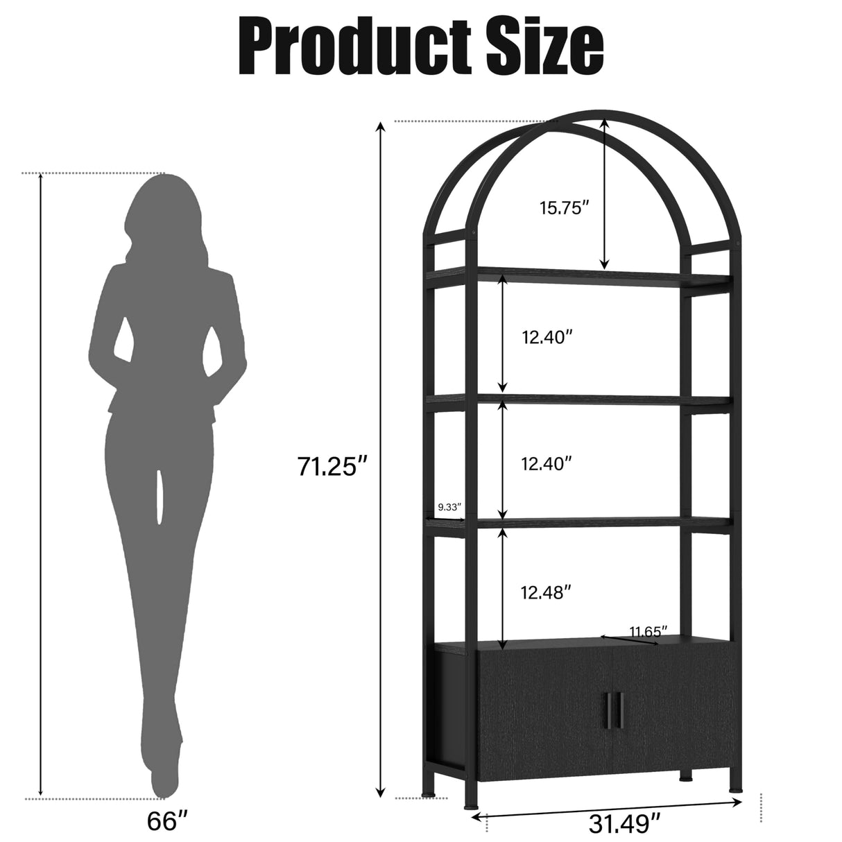 Semoic Arched Bookshelf with Drawers, 71" Tall Industrial Bookcase with Sturdy Metal Frame, Freestanding Display Shelving Unit, Geometric Book Shelf for Lving Room, Home Office, Black Semoic