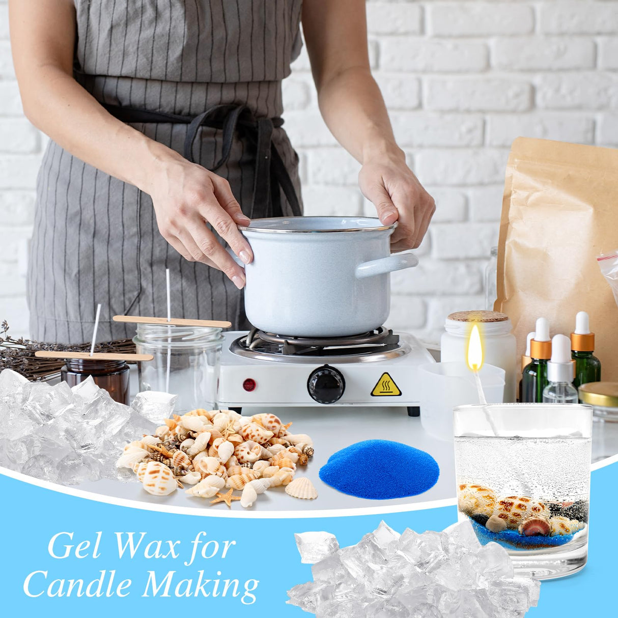 MTLEE 2 Lb Gel Wax for Candle Making DIY Sets, Jelly Wax Melts Clear Candle Wax with Seashells Starfish and Candle Wick and Wooden Candle Wick Centering Device for Candle Making MTLEE