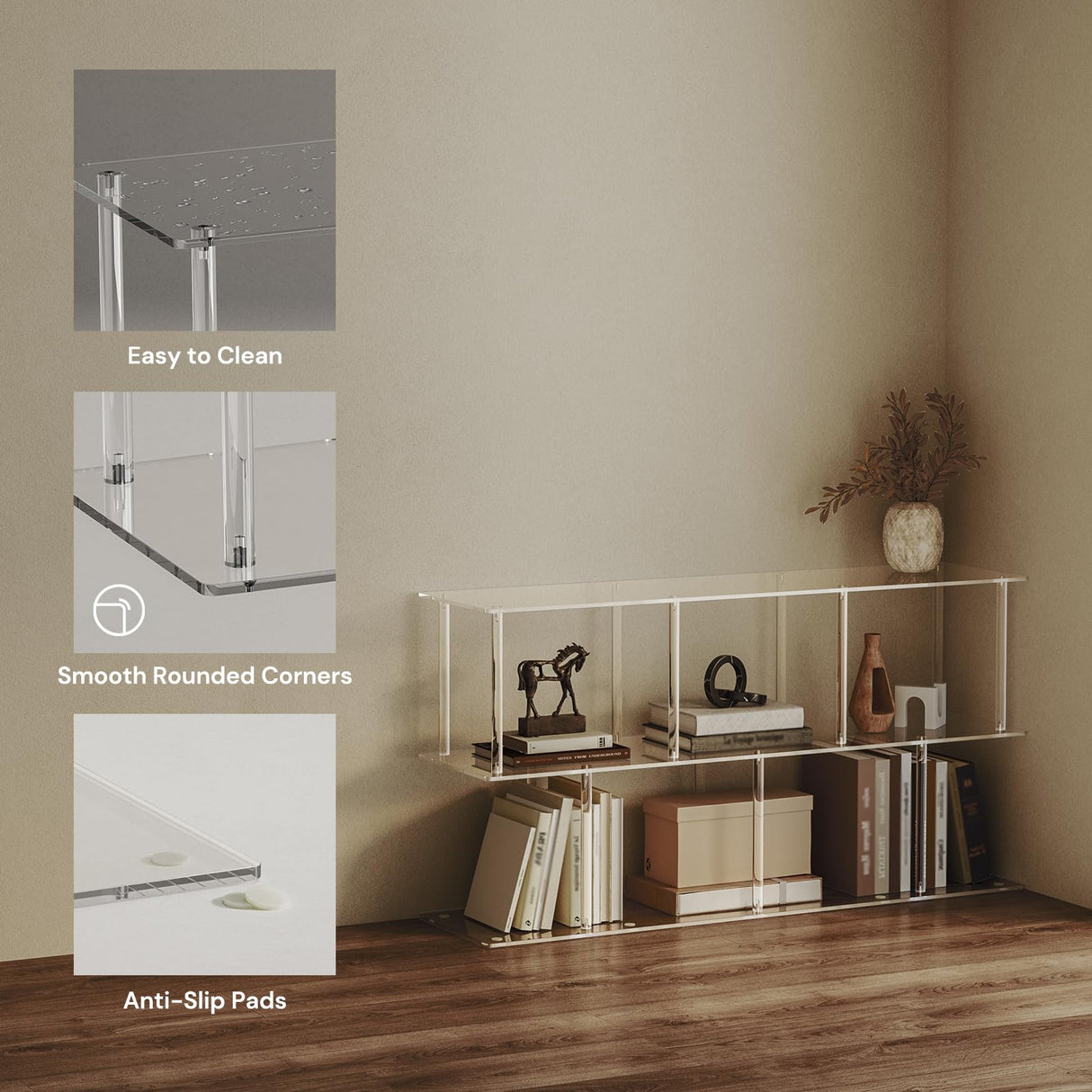 CRTERICX 3-Tier Acrylic Horizontal Bookshelf, Clear Long Bookcase, Modern Low Book Shelf with 5 Cube Storage for Living Room, Office, Bedroom, 11.8''D x 47.2''W x 24.6''H CRTERICX