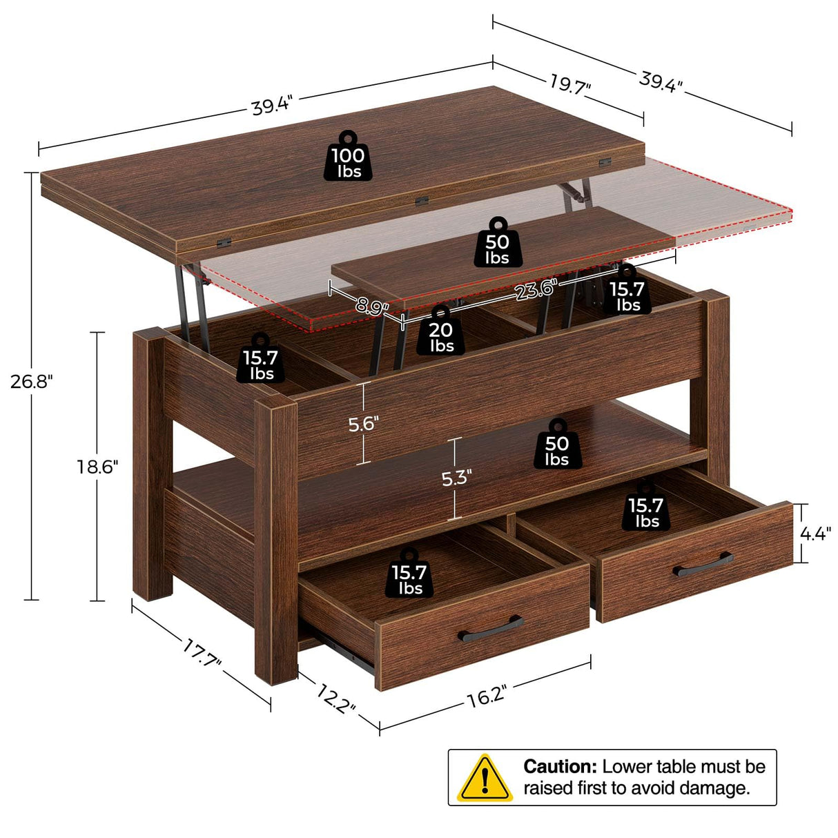 Rolanstar Coffee Table Lift Top, Multi-Function Convertible Coffee Table with Drawers and Hidden Compartment, Converts to Dining Table for Living Room, Home Office,Espresso Rolanstar
