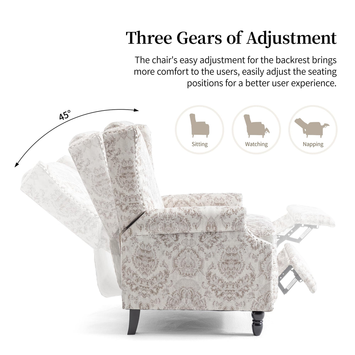 Pushback Recliner Chair, Floral Fabric Wingback Recliner Chair, Upholstered Armchair Push Back Recliner, Rivet Trim Single Sofa Accent Chair with Wood Legs for Living Room, Beige Lumibee