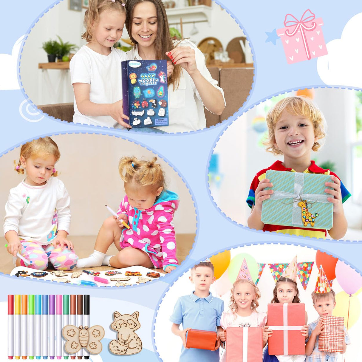 EAPHANT Kids Crafts, 30 PCS Arts and Crafts Painting Kits for Kids Activities Wooden Magnets to Paint EAPHANT