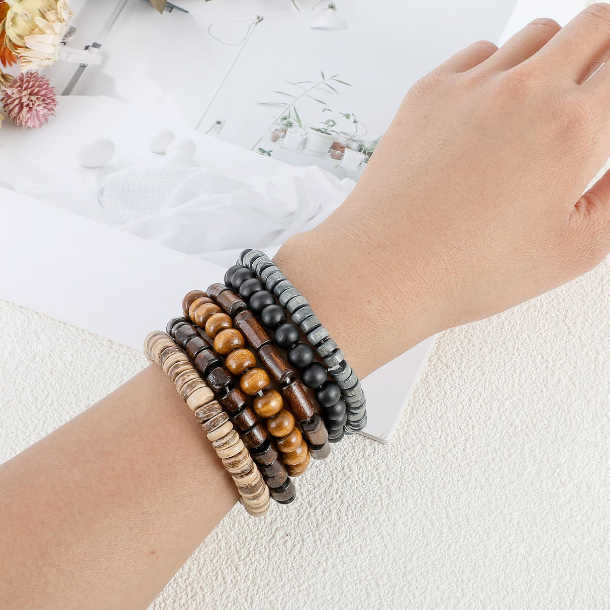 Telooco Wooden Mens Beaded Bracelets Adjustable Gothic Bracelet Elasticity Mens Bracelet Multi-Layer Detachable Beaded Bracelets for Men Telooco