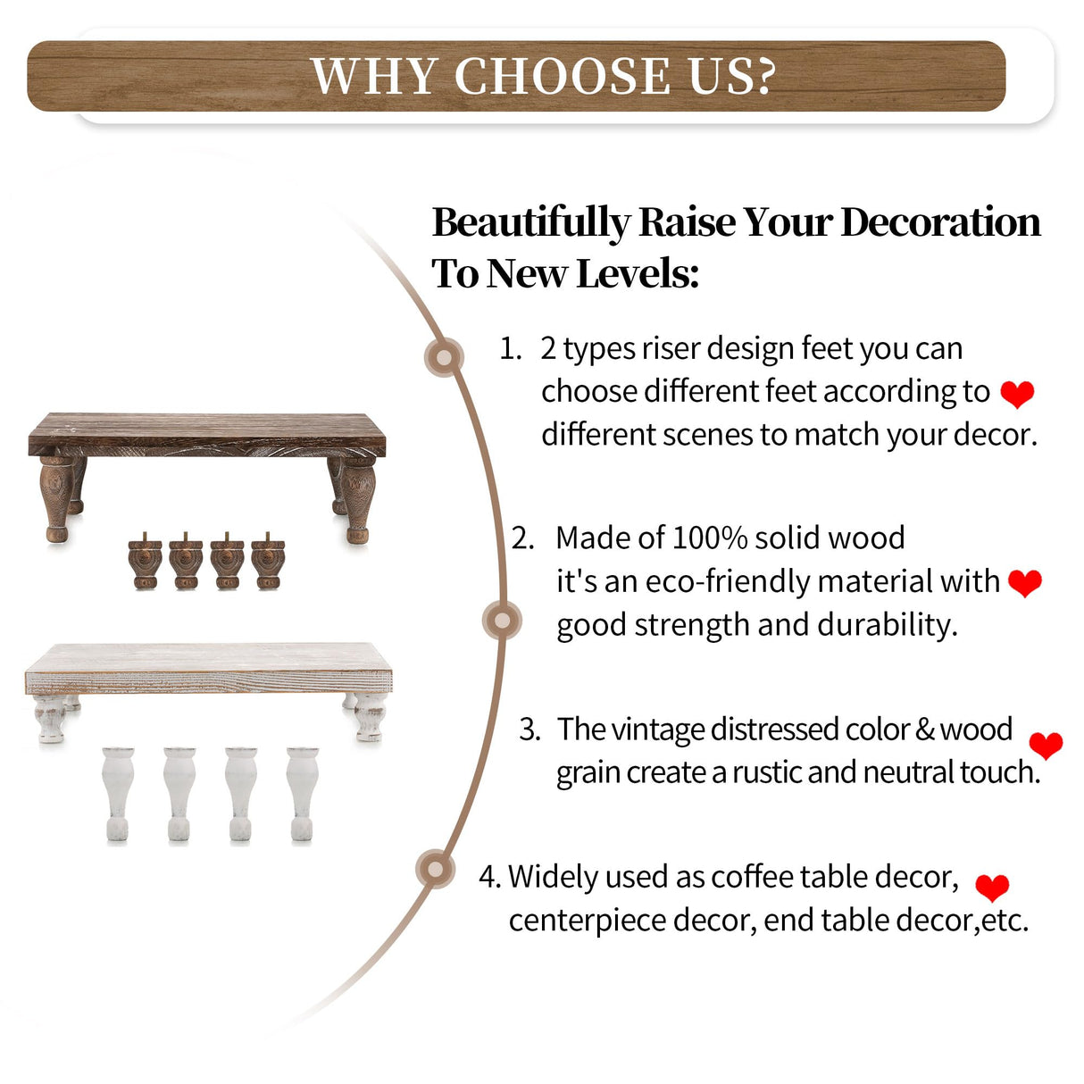 Hanobe Wooden Riser Decorative Tray: Farmhouse Wood Pedestal Display Stand Rustic Whitewashed Tray Riser Centerpiece for Coffee Bar Kitchen Dining Room Home Table Decor, Short & Tall Footed Hanobe