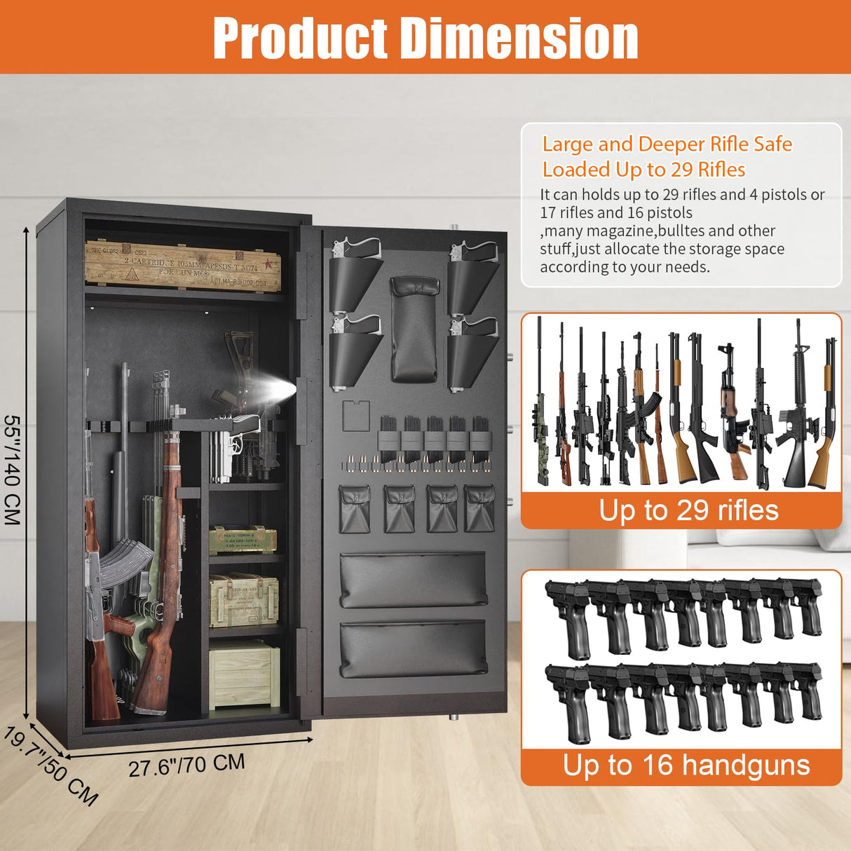 Updated Large Rifle Safe, 30-40 Gun Safe for Rifle and Shotgun/Rifle Pistol Rack/Storage Pocket/Removable Shelf/Silent Mode/External Battery/LED,180° Open Door Panel Organizer Gun Cabinet Unassembled TTSITG