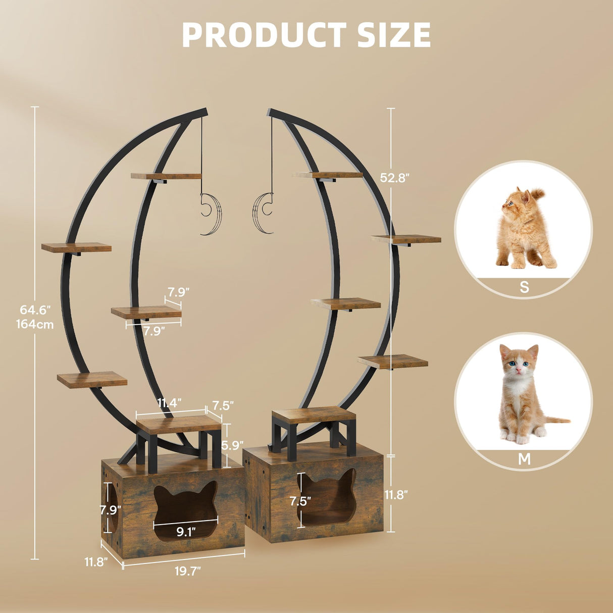 DWVO Tall Bookshelf with LED Light, Artistically Designed Moon Arched Bookcase with Cats Litter Box,10-Tier Bookcase Corner Display Shelf for Home Office, Bedroom DWVO