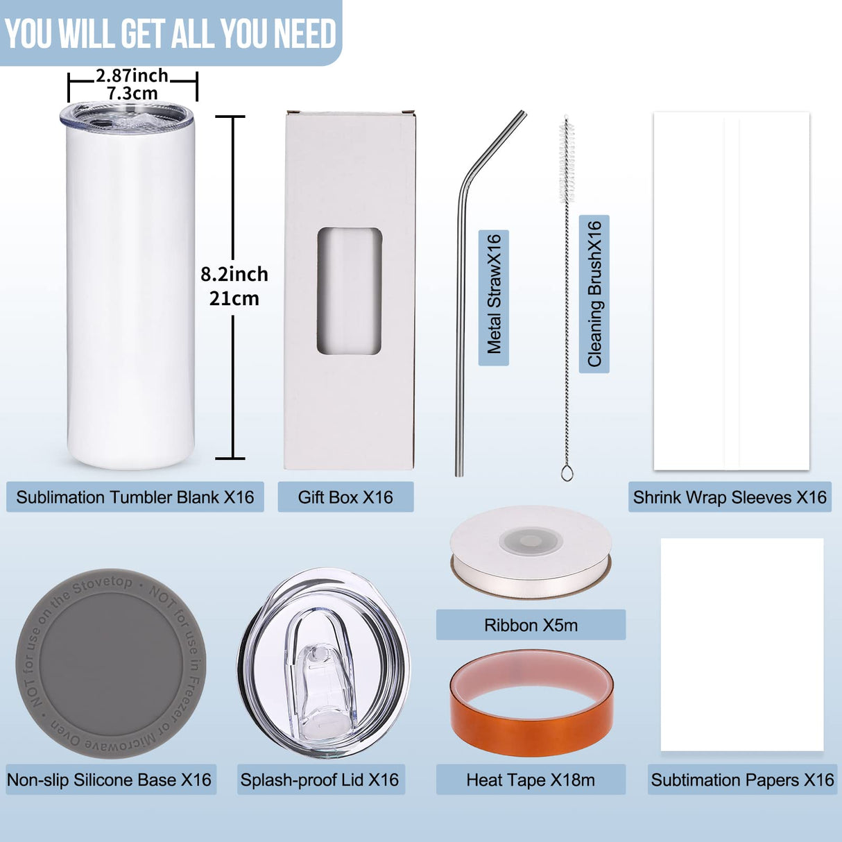 Sublimation Tumblers bulk 20 OZ Skinny Stainless Steel Double Wall Insulated Straight Sublimation Cups 16 Pack Blanks White Tumbler with Lid,Straw,Heat Resistant Tape&Shrink Sleeves,Individually Boxed Dmsky