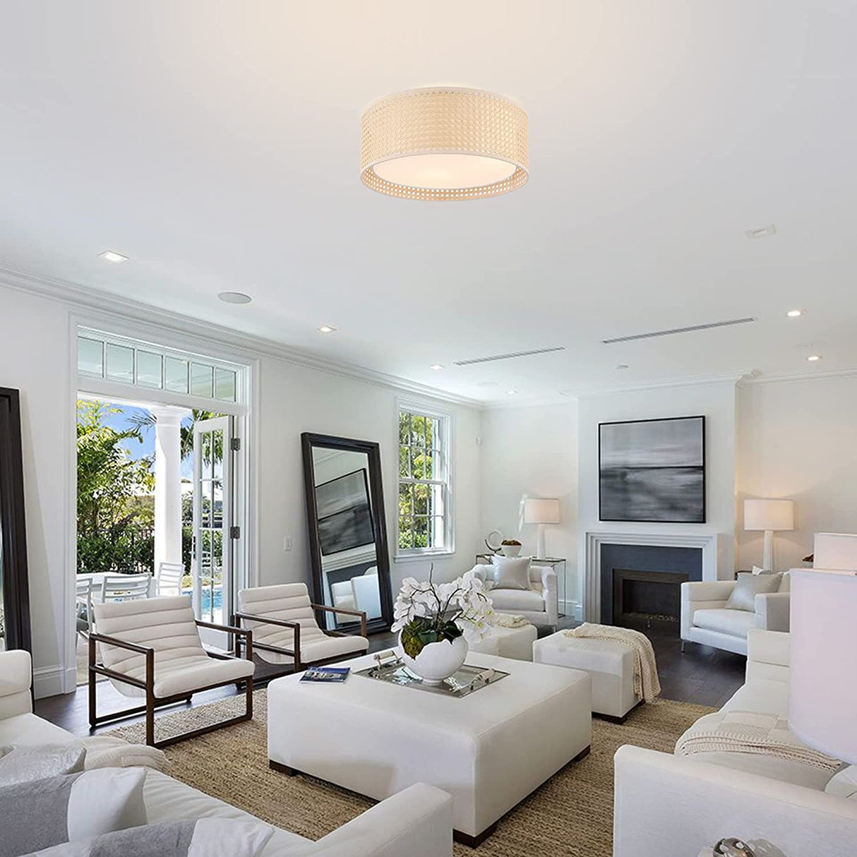 WINGBO 15.7" Modern 3-Light Flush Mount Ceiling Light Fixture with Rattan & Fabric Double Drum Shade for Bedroom Living Room Dining Room Hallway Entryway, Khaki WINGBO