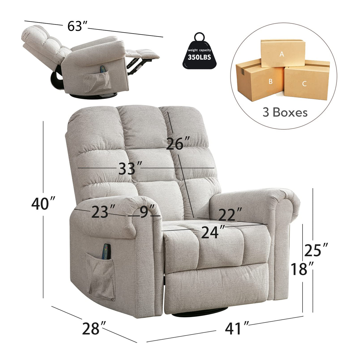 ANJ Oversized Rocker Recliner Chair with Massage and Heat, Manual Overstuffed Swivel Recliners for Big Man, Large Glider Rocking Reclining Chairs for Nursery, Living Room, Cream White ANJ
