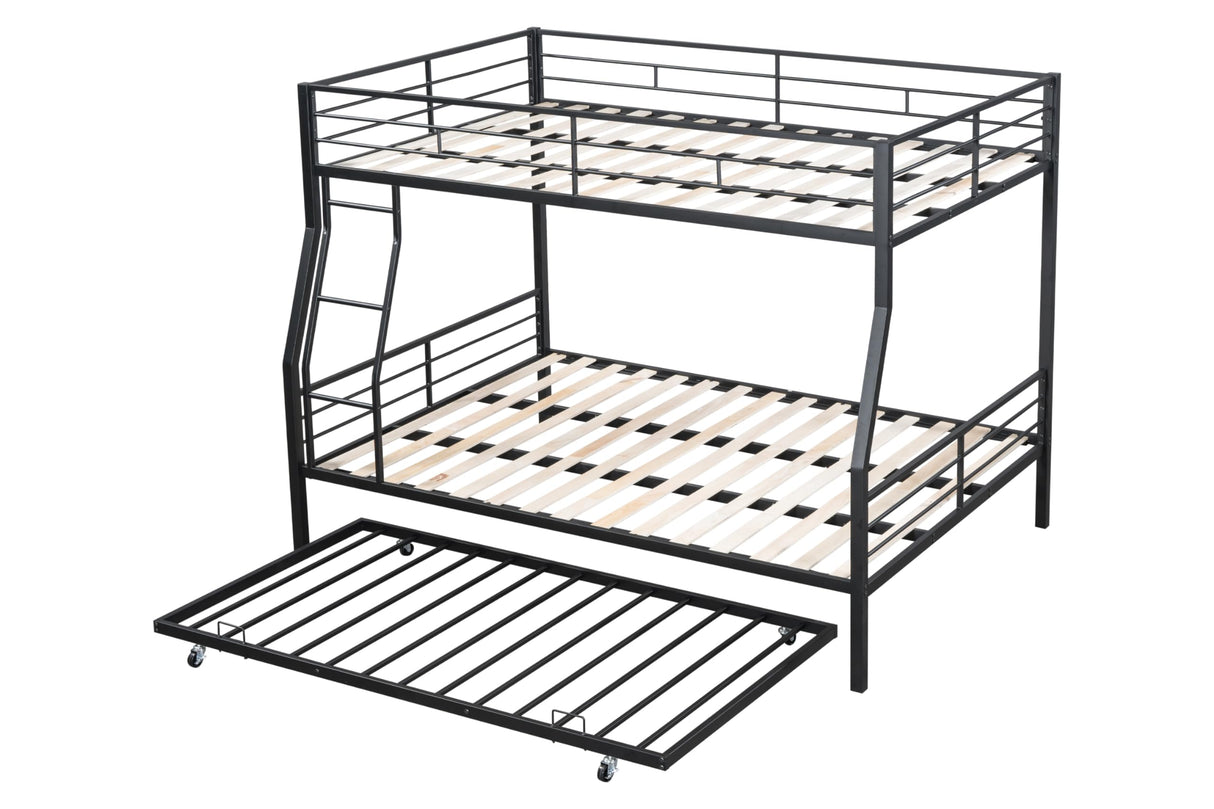 PVWIIK Bunk Bed Full Over Queen with Trundle and Ladder for Girls/Boys/Teens/Adults,Heavy Duty Bunk Bed Frame w/Wood Slat Support,No Box Spring Needed,Black PVWIIK