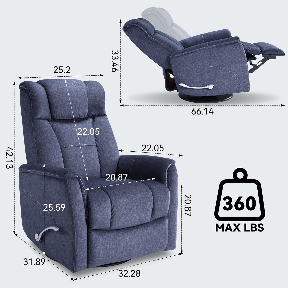 Susalt 360° Swivel Rocking Recliner, Manual Comfy Nursery Glider Rocker Chair for Indoor Bedroom, Upholstered Soft Fabric Living Room Reclining Chair with Lumbar Support for Adults (Blue) Susalt