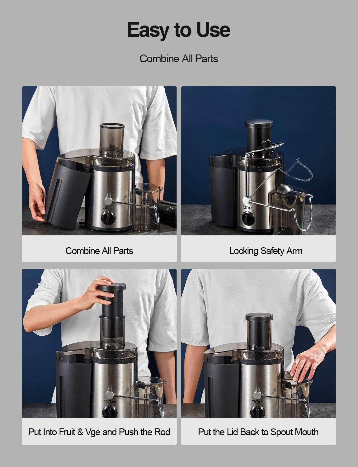 Qcen Juicer Machine, 500W Centrifugal Juicer Extractor with Wide Mouth 3” Feed Chute for Fruit Vegetable, Easy to Clean, Stainless Steel, BPA-free (Black) QCen