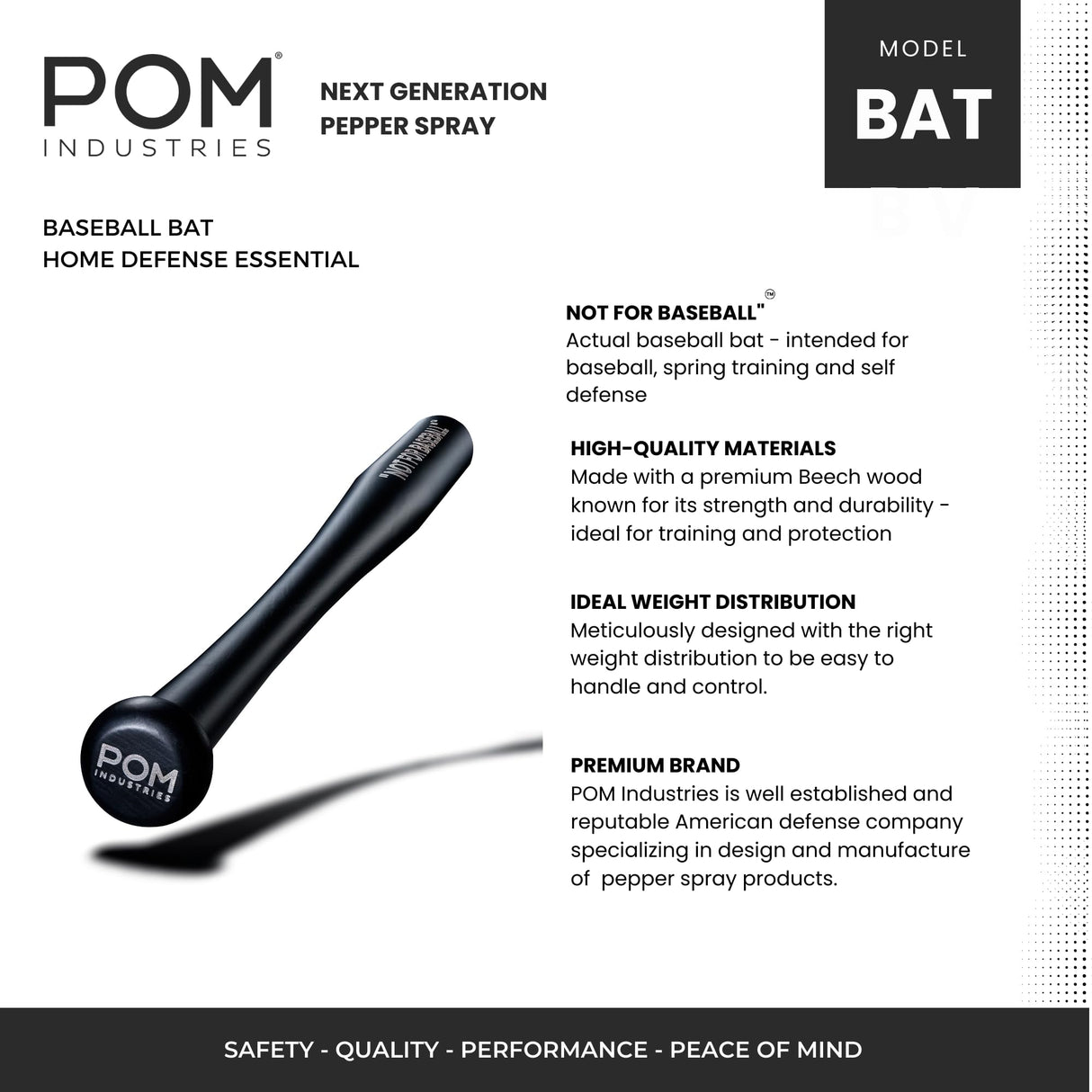 POM Baseball Bat - Not for Baseball Brand - Authentic Beech Wood - 30" Black - Softball, Batting Practice, Training, Self Defense, Home Security. POM