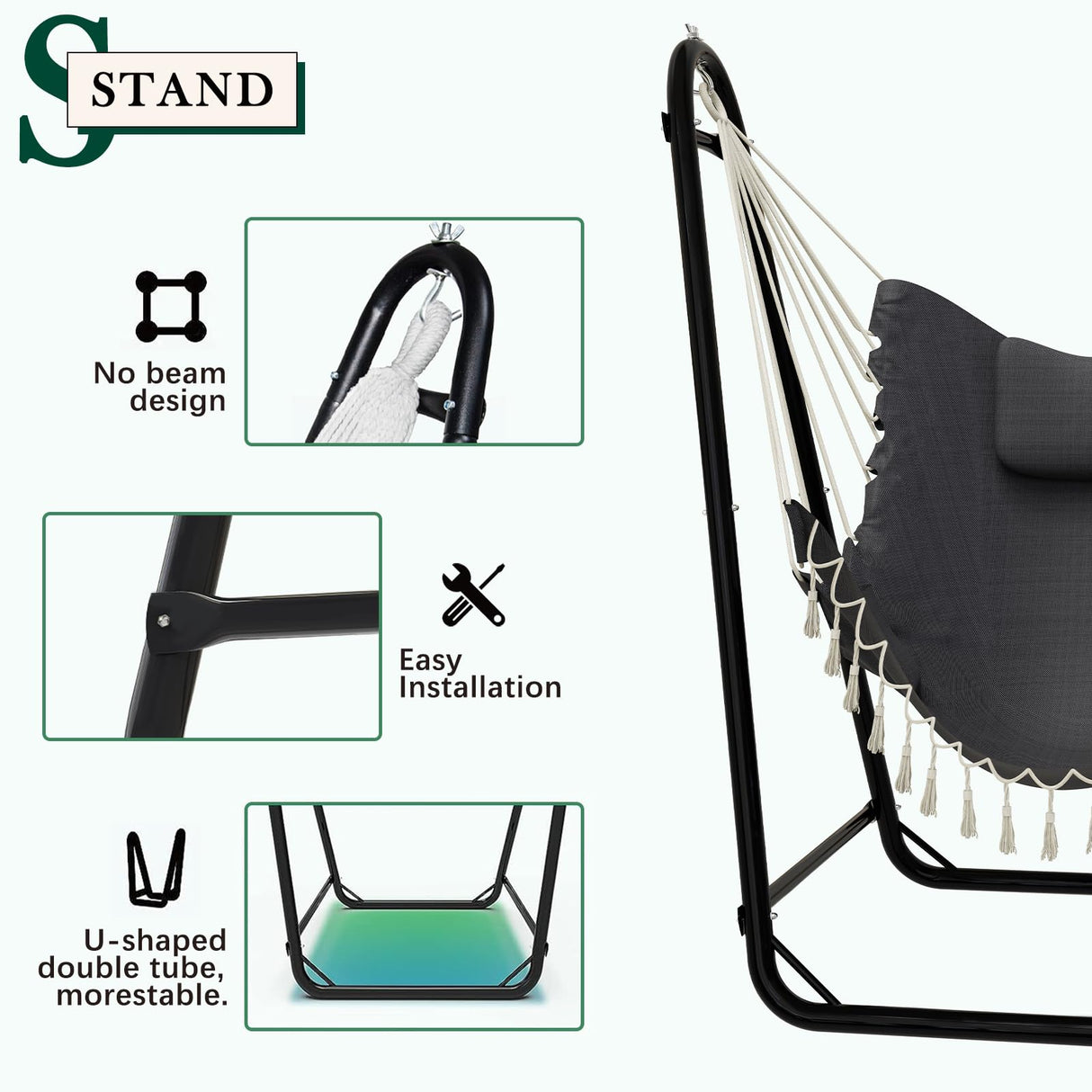 Unique U-Shaped Hammock Chair with Stand,Sturdy & Rust-Resistant,Free Gray Cotton Hammock Chair TOREVSIOR