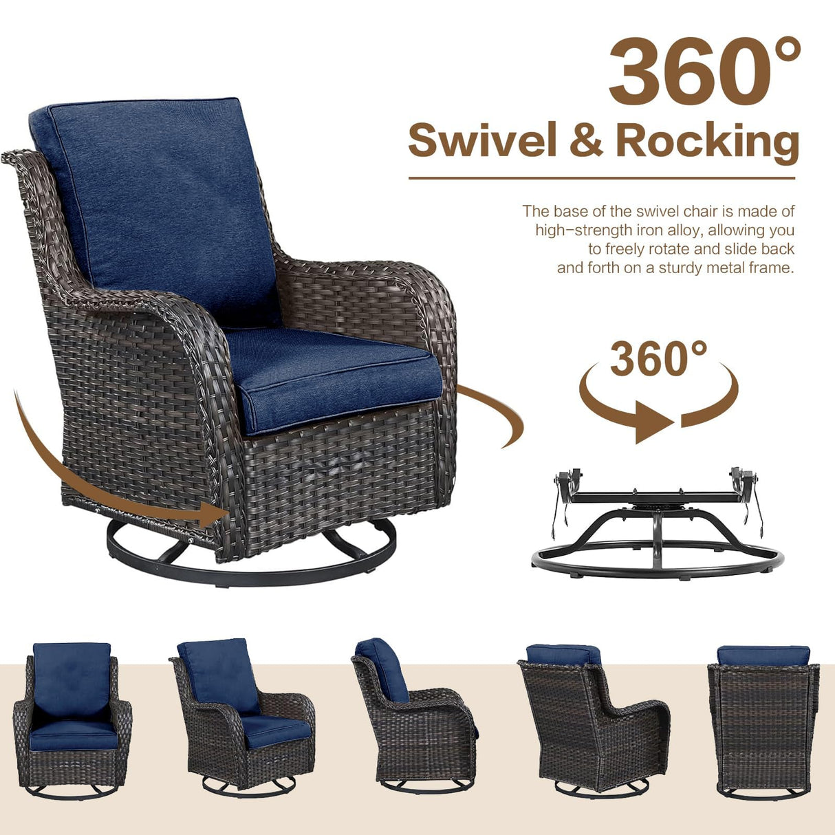 XTWEEX 7 Pieces Outdoor Patio Furniture Conversation Set Rattan Wicker with Fire Pit Table, 3 Seat Sofa, 2 Swivel Rocker Chairs, 2 Ottomans and 1 Side Table for Yard Backyard BNB (Brown/Navy Blue) XTWEEX