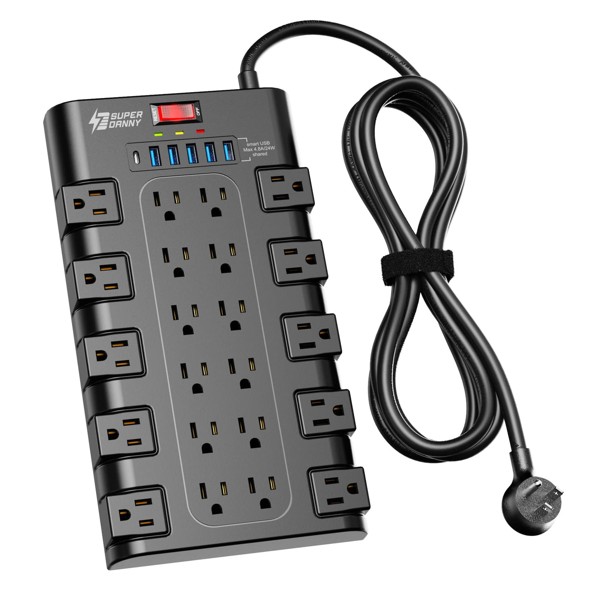 Power Strip, SUPERDANNY Surge Protector with 22 AC Outlets and 6 USB Charging Ports, 1875W/15A, 2100 Joules, 6.5Ft Flat Plug Heavy Duty Extension Cord for Home, Office, Dorm, Gaming Room, Black SUPERDANNY