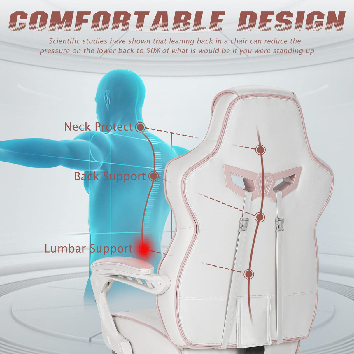 Vonesse Pink Gaming Chair for Girls, Pink Computer Gaming Chairs for Adults, Reclining Gamer Chair with Footrest with Massage, Ergonomic Home Office Gaming Chair High Back (White/Pink) Vonesse