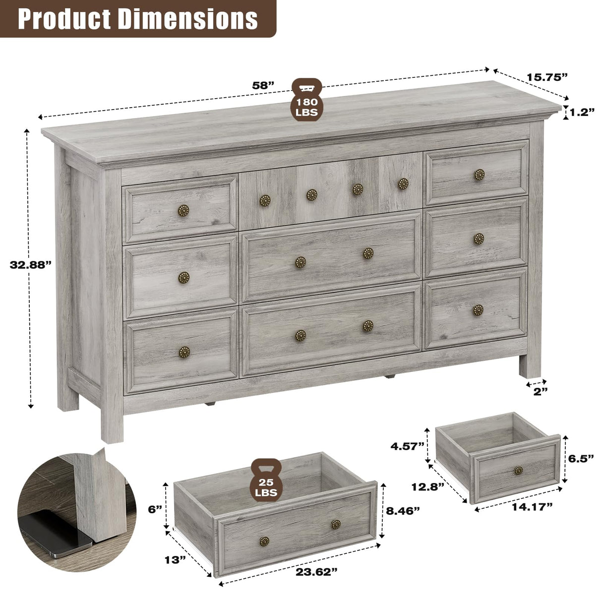 LGHM Dressers for Bedroom with 9 Drawers, 9 Drawer Dresser with Textured Borders, 58" W Chest of Drawers Closet Organizers and Storage Clothes - 6" Deep Drawer for Bedroom, Living Room,Gray LGHM