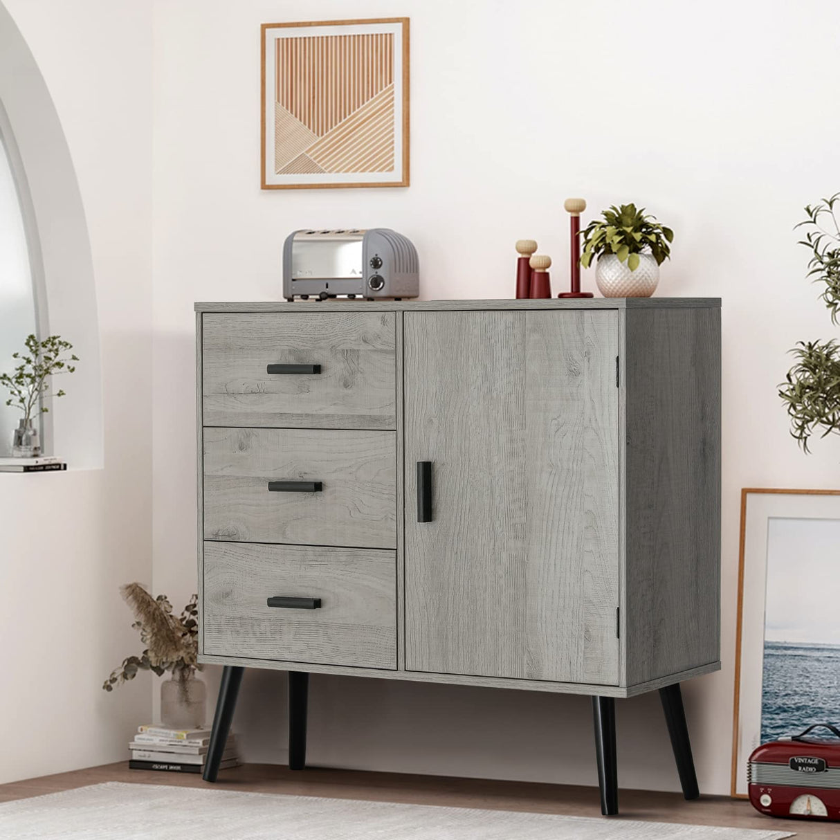 Iwell Storage Cabinet with 3 Drawers & Adjustable Shelf, Sideboard Buffet Cabinet, Small Freestanding Floor Storage Unit, for Living Room, Home Office, Rustic Grey Iwell