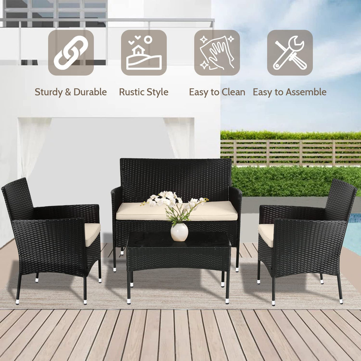 FDW Patio Furniture Set 4 Pieces Outdoor Rattan Chair Wicker Sofa Garden Conversation Bistro Sets for Yard,Pool or Backyard FDW