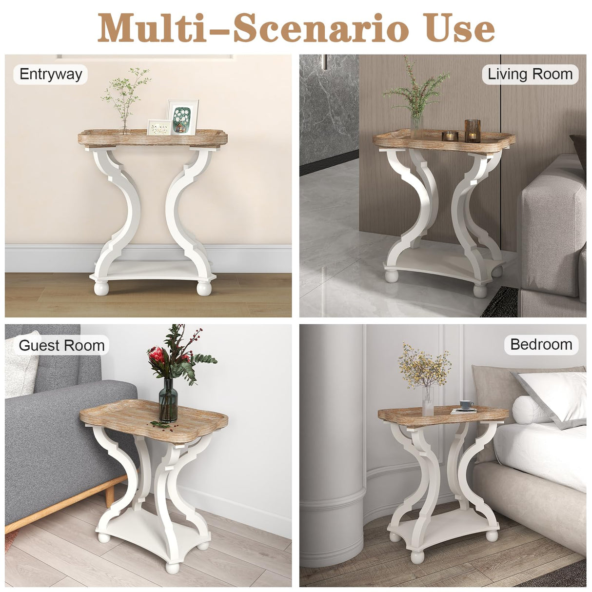 Kinfant Set of 2 Farmhouse Accent End Table with Natural Tray, Solid Wood Frame Rustic Side Table with Shelf, Nightstand for Dinning, Living Room, Bedroom Kinfant