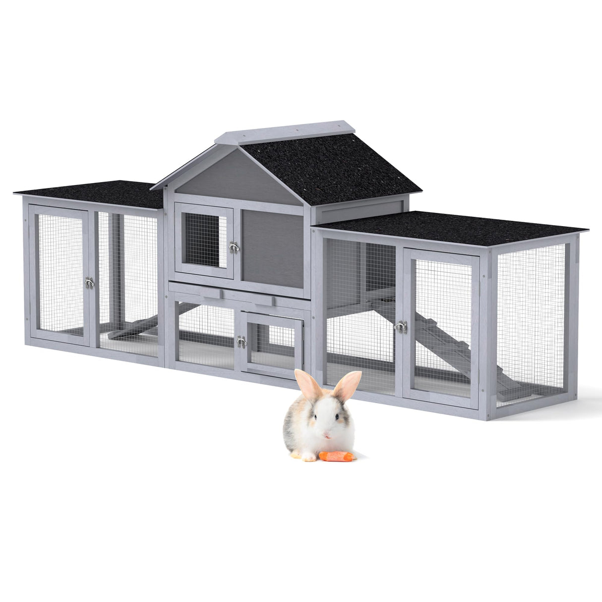 82.5” Large Wooden Rabbit Hutch Outdoor Easy to Assemble Rabbit Cage and Durable Bunny Hutch Indoor with Cleaning Tray & Waterproof Roof for Small and Medium Bunny Rabbit Chick (Grey) Nyeekoy