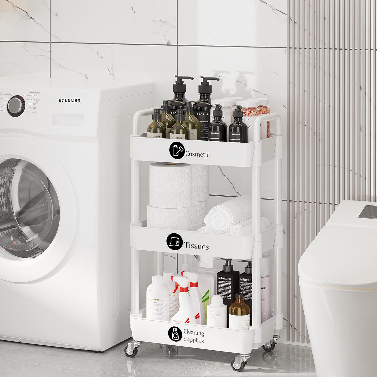 Laiensia 3-Tier Storage Cart,Multifunction Kitchen Storage Organizer,Mobile Shelving Unit Utility Rolling Cart with Lockable Wheels for Bathroom,Laundry,Living Room,With Classified Stickers,White Laiensia