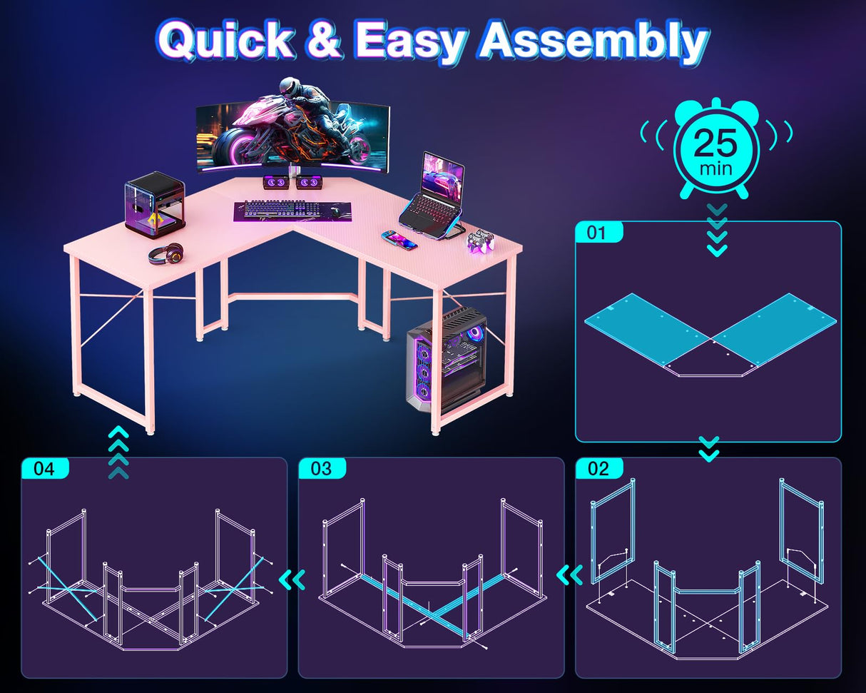 Casaottima L Shaped Gaming Desk, Corner Desk Gaming Table for Home Office, Computer Desk Sturdy Writing Workstation for Small Space, Easy to Assemble, 51 inch, Carbon Fiber Surface, Pink Casaottima