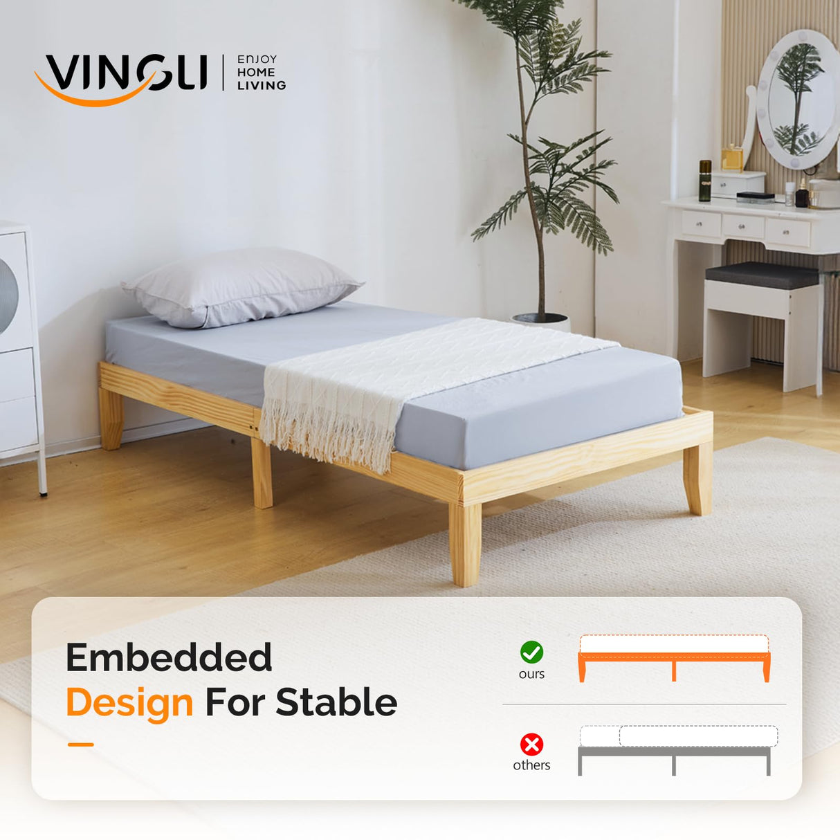 VINGLI 12 in Classic Twin Solid Wood Platform Bed Frame with Storage Space Underneath,Sturdy Wooden Bed Slat Support, Minimalist Design, No Box Spring Needed, Pine Mattress Foundation, Natural Oak VINGLI