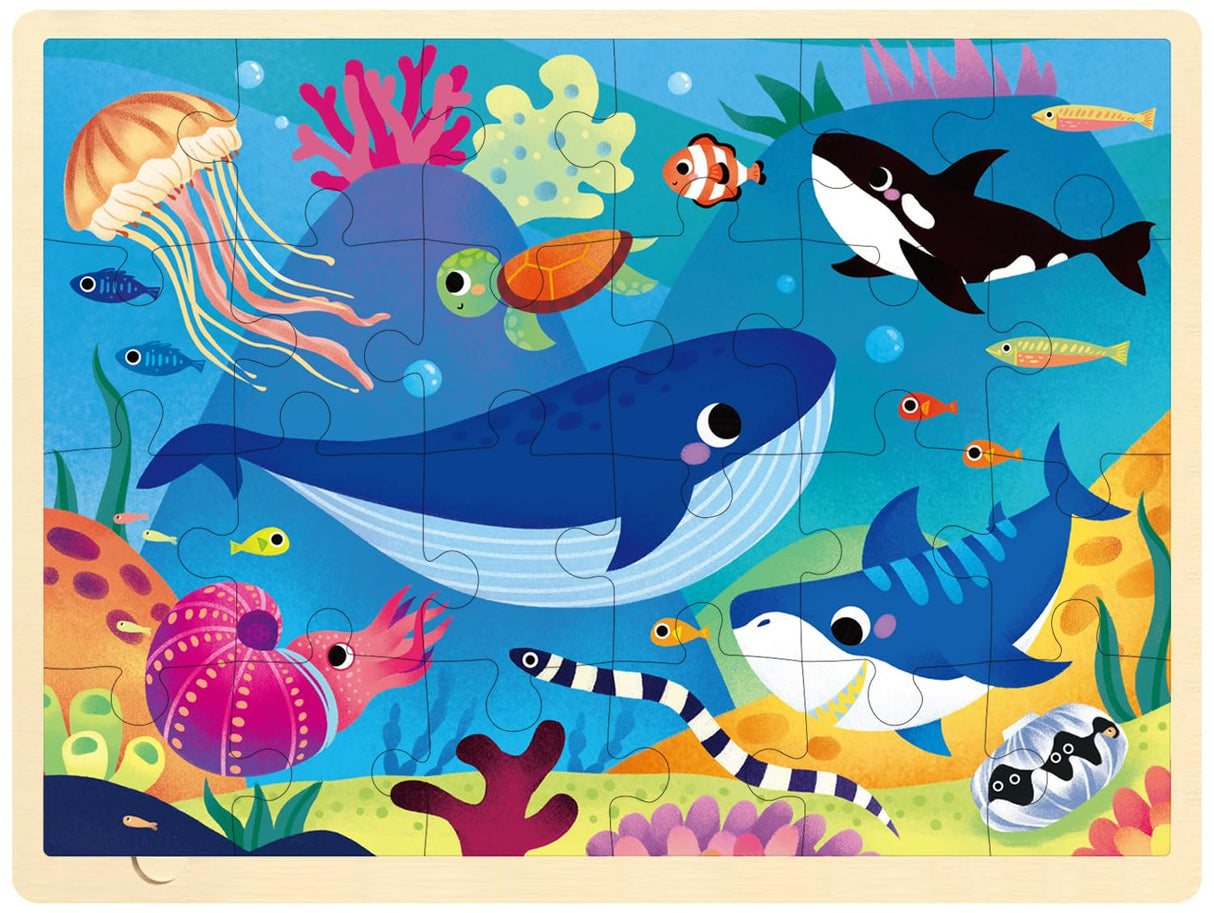 MoinKidz 24 Piece Puzzles for Kids Ages 3-5, Unique Shape Jigsaw Pieces Ocean Animal, Wooden Jigsaw Puzzle for 3 4 5 Year Old, Preschool Toddler Puzzle with Storage Tray MoinKidz