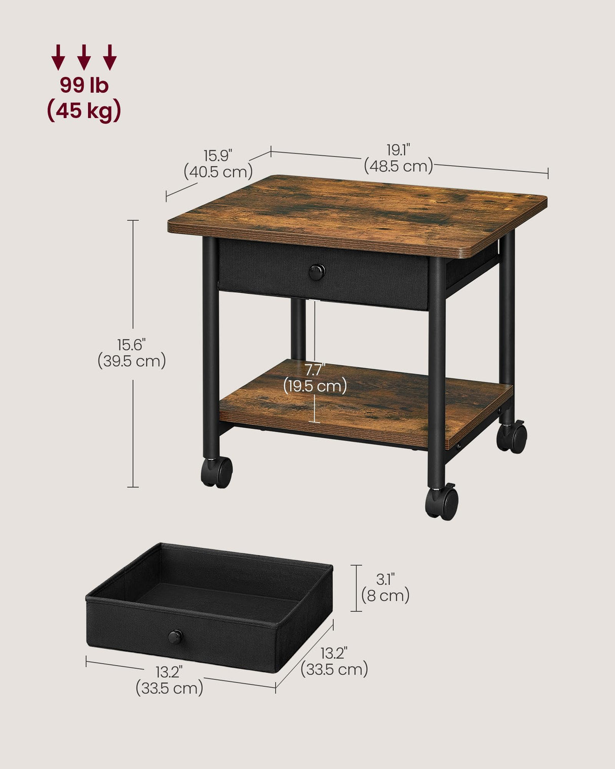 VASAGLE Printer Stand, Under Desk Printer Stand with Wheels, Drawer with Divider, Bottom Shelf, Fits Inkjet, Laser, Photo, All-in-One Printers, Home Office, Rustic Brown and Ink Black UOPS004B01 VASAGLE