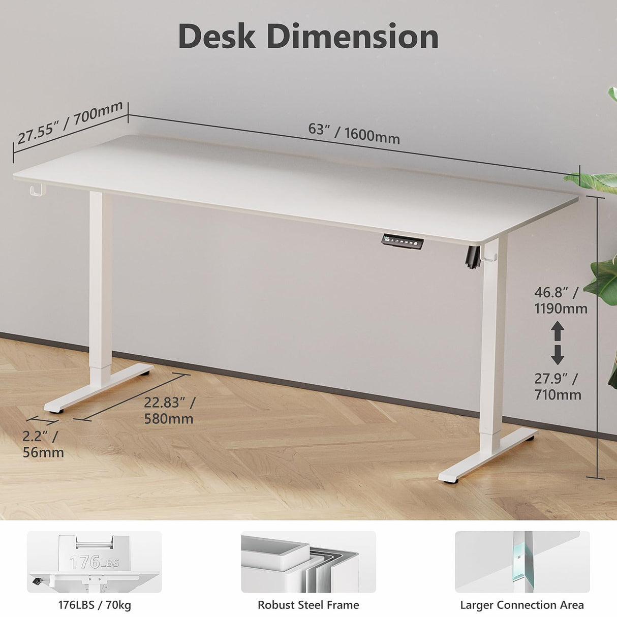 VVENACE 63 x 28 inch Electric Standing Desk Adjustable Height 4 Memory Preset, 4 Wheels, 2 Headphone Hook, Home Office Desk, Stand Up Desk Sit Stand Desk, Splice Board White VVENACE