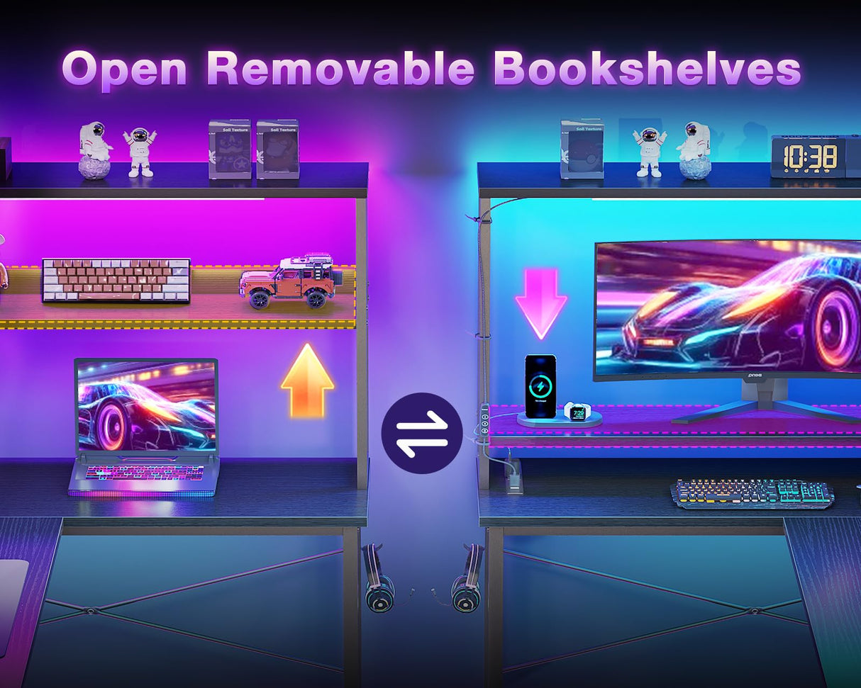 ODK 53 Inch L Shaped Desk with LED Lighting, Reversible Gaming Desk with Power Outlets, Cornor Computer Table with Storage Shelves & Bag & Iron Hook, Home Office Table for Writing, Study, Black ODK