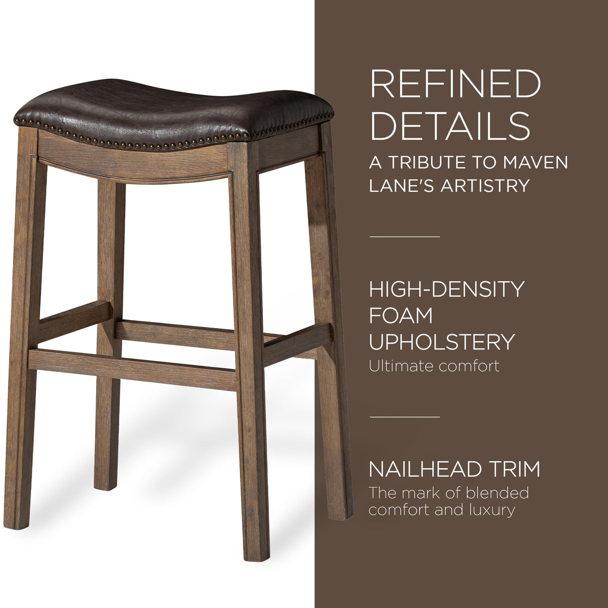 Maven Lane Adrien 31 Inch Bar Height Backless Saddle Barstool in Dark Walnut Finish with Marksman Saddle Vegan Leather Cushion Seat Maven Lane