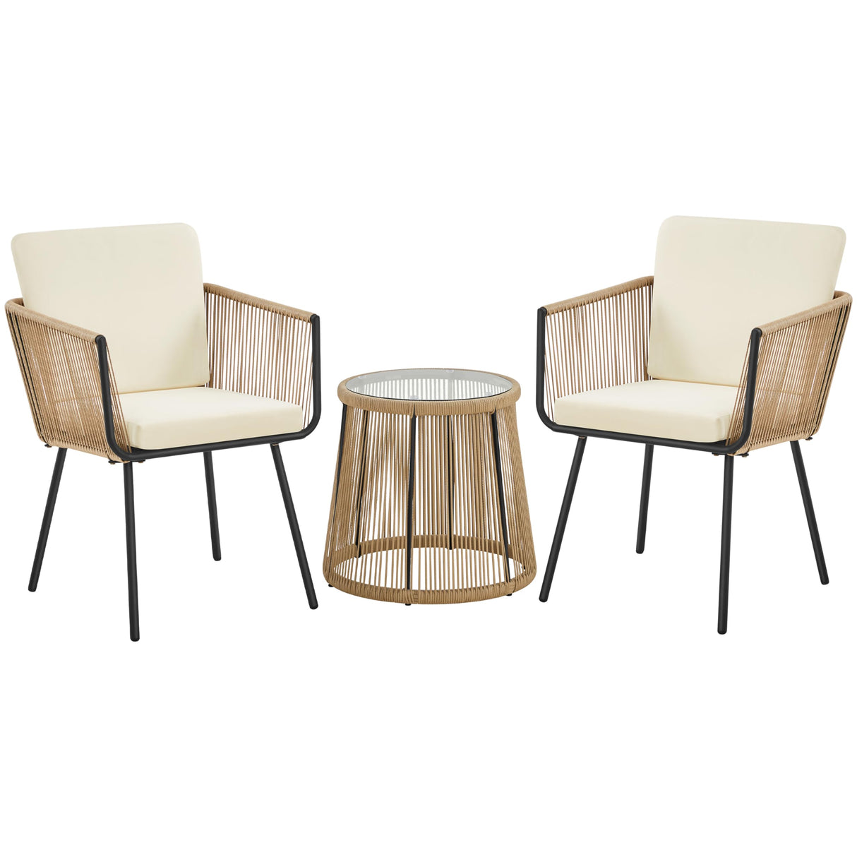 Yaheetech 3 Piece Patio Rattan Bistro Set, Outdoor All Weather PE Wicker Conversation Furniture Set with 2 Chairs & Tempered Glass Top Table & Cushions, for Poolside/Porch/Garden/Yard, Tan/Cream Yaheetech