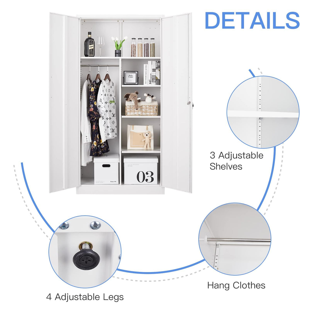 Yizosh Metal Armoire Wardrobe Closet Cabinet for Hanging Clothes with Lock Doors, -72" Steel Lockable Wardrobe Storage Locker Clothes Organizer for Bedroom, Laundry Room (White) Yizosh