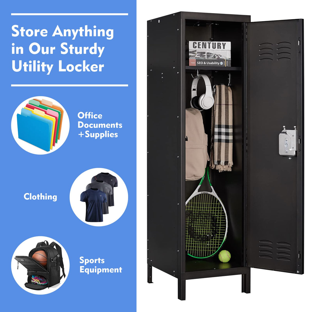 Yizosh Metal Locker with 1 Lockable Doors, Industrial Steel Storage Lockers for Employees - 55.1" Locker Storage Cabinets for School, Gym, Home, Office, Garage Yizosh