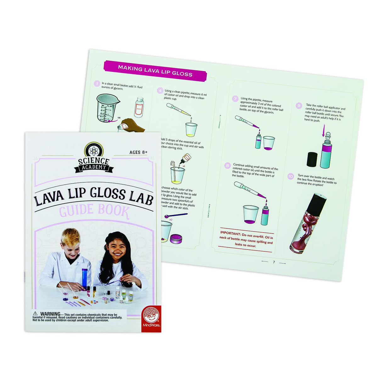 MindWare Science Academy Lava Lip Gloss Lab - 33 Piece Lip Gloss Making Kit - Make 3 DIY Lip Glosses MindWare