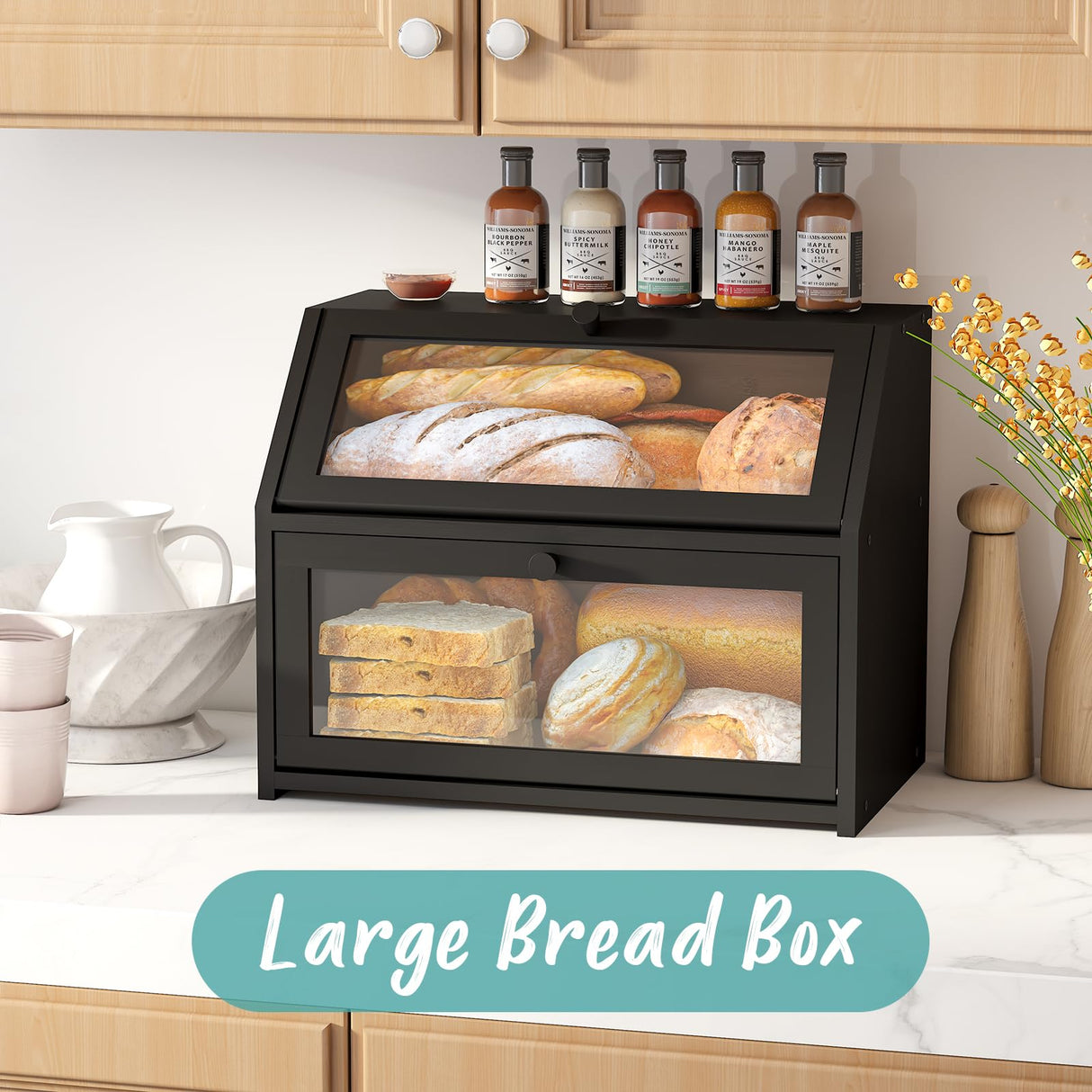 Vriccc Black Bread Box for Kitchen Counter, Large Bread Storage Container, Double Layer Bamboo Wooden Large Capacity Bread Storage Bin Vriccc