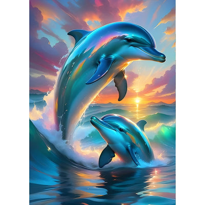QINRUBB DIY Dolphins Diamond Painting Kits, Full Drill Sunset Diamond Art Painting Kits for Adults Beginners, DIY 5D Ocean Painting by Numbers Dolphins Diamond Art Kits for Home Decor 12x16inch