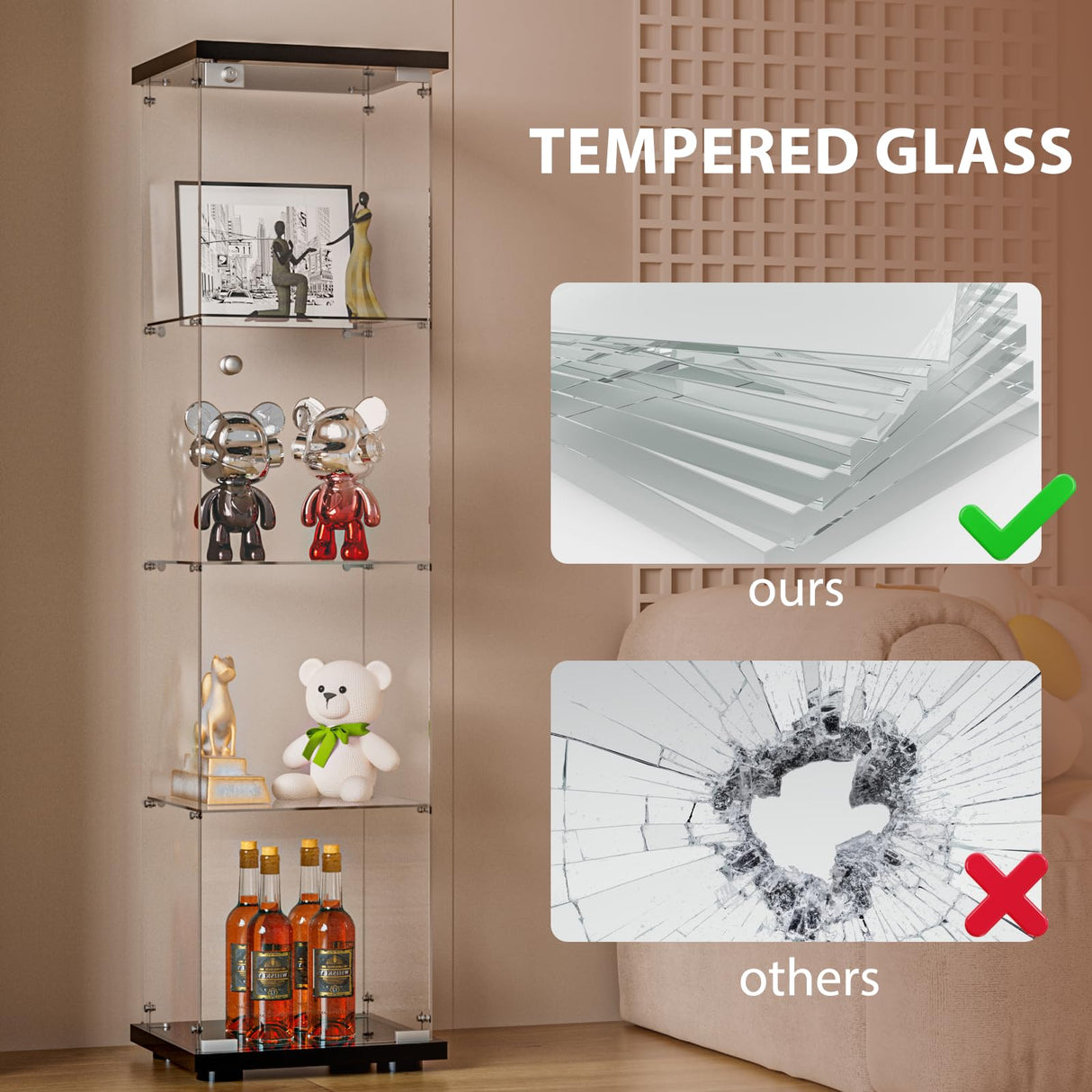 FANYUSHOW Glass Display Cabinet with Door and Lock, Quick-Install Style 4-Shelf Curio Cabinet 5mm Tempered Glass Floor Standing Bookshelf for Living Room, Bedroom, 65" H x 17''L x 14''W (Black) FANYUSHOW