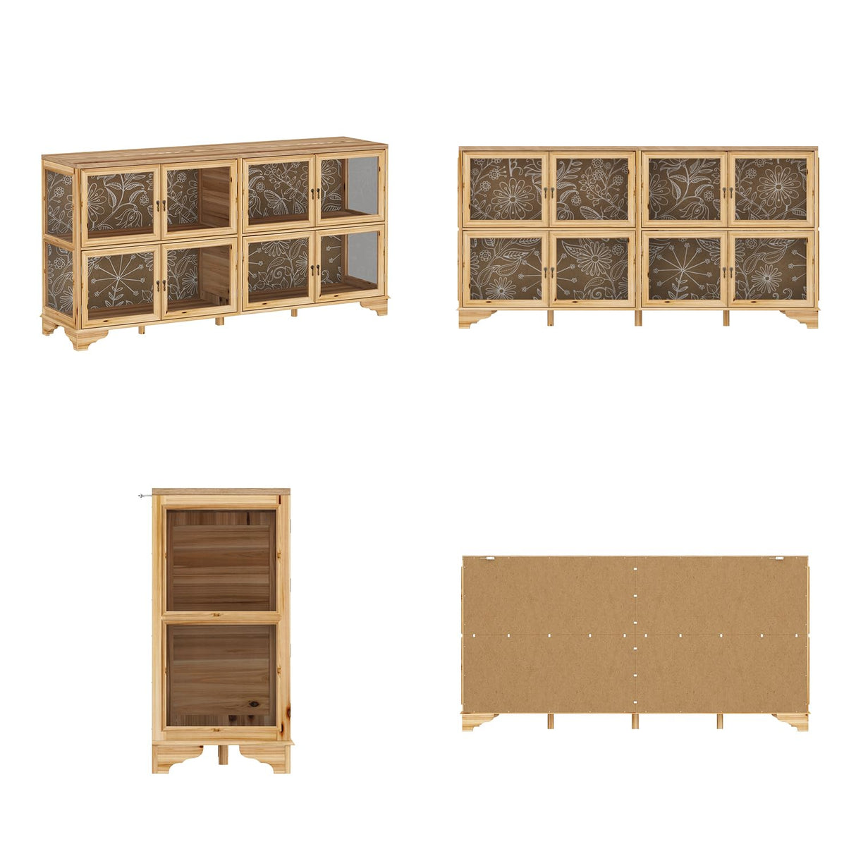 WOODTIME 78.7" W Wooden Sideboard with 8 Glass Doors & Fir Wood Frame, Storage Curio Display Cabinet with Patterned Backpanel, Coffee Bar Cabinet for Living Room Home Office, Brown WOODTIME